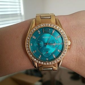Fossil Watch | teal, rose gold, rhinestones